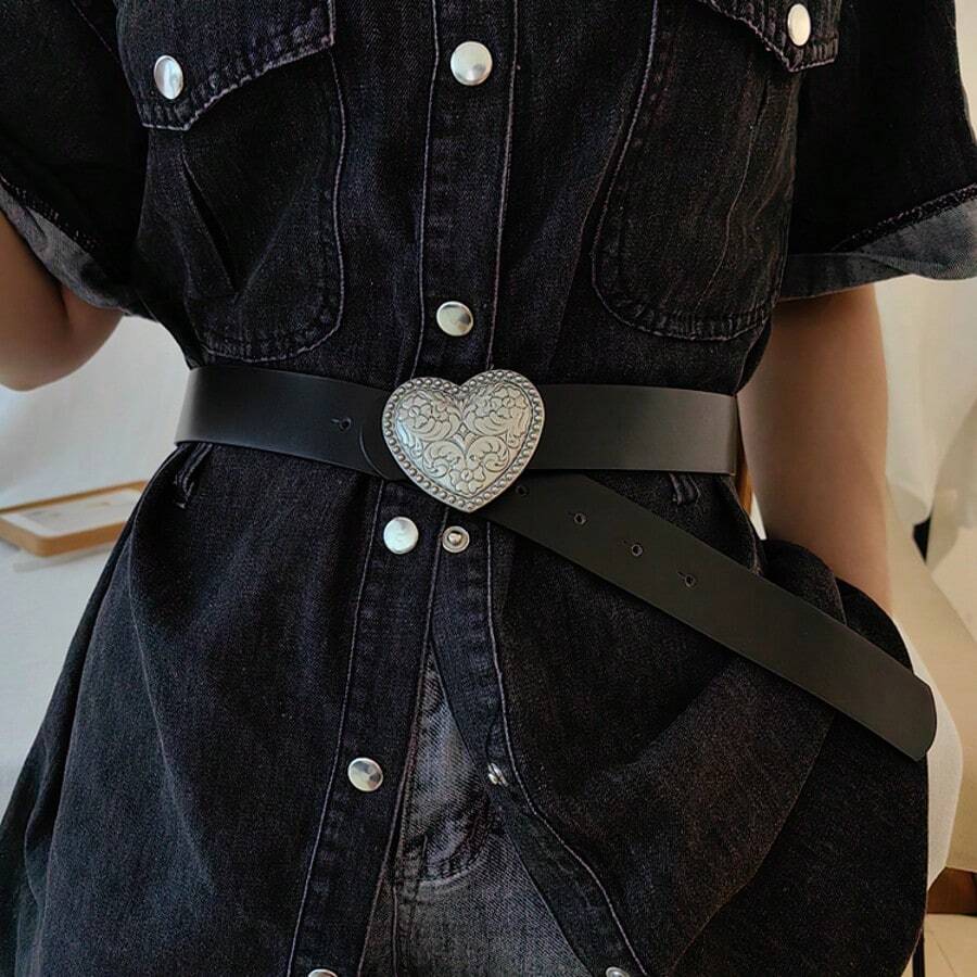 1 chiếc thắt lưng khóa trái tim thời trang, thắt lưng quần jeans nữ họa tiết nổi Y2K của Mỹ, màu đen - A - Xem 1