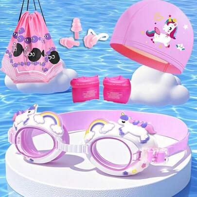 1 Set de Traje de Baño con Diseño de Dibujos Animados - Traje de Baño, Gafas de Natación, Pinza Nasal, Tapones para los Oídos, Gorro de Natación, Bolsa de Playa, Flotadores de Brazo, para Nadar, Playa, Piscina, Deportes Acuáticos al Aire Libre, Artículos Esenciales de Playa, Accesorios de Playa