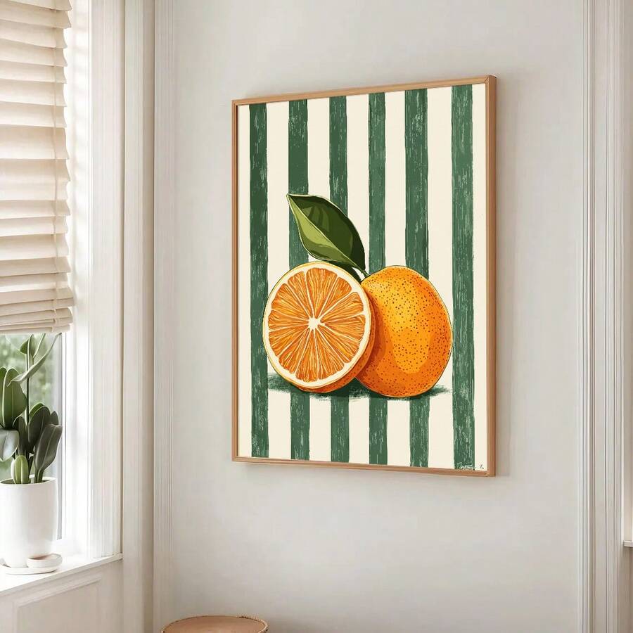 1 Peça Impressão em Tela de Arte de Frutas Vintage Listrada Laranja com Moldura/Sem Moldura, Decoração Minimalista Botânica de Fazenda, Arte de Parede Rústica para Sala de Estar, Sala de Jantar, Apartamento, Decoração Doméstica Moderna
