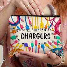 Bolsa de almacenamiento de cable y USB de colores vibrantes - Estuche de lona duradera con cremallera, estuche de accesorios electrónicos unisex con impresión "CARGADORES", para viajes o uso doméstico, bolsa de viaje, artículos de vacaciones, regreso a la escuela, bolsa de escuela, bolsa de viaje para mujeres, bolsa de maquillaje para viajes