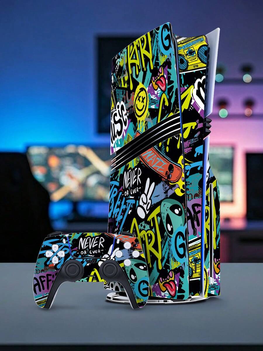 Juego de 4 piezas de piel de vinilo con estilo de graffiti para consola y controlador de juegos DISC Pro - Resistente a los arañazos, impermeable, a prueba de polvo - Envoltura de adhesivo con tema dinámico de graffiti de juegos genial - Multicolor - Ver 1