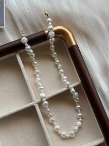 1 件优雅高端复古法式天然不对称巴洛克仿珍珠项链，女士颈链