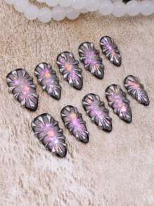 10 pezzi Unghie cromata per l'estate, unghie nere e argento in stile Y2K, kit di unghie acriliche con arte a linee 3D creativa, forma a mandorla media, glitter fatti a mano, set di unghie finte goth, accessori per unghie, design per unghie, unghie false rosa lucide cute per Ognissanti per donne e ragazze