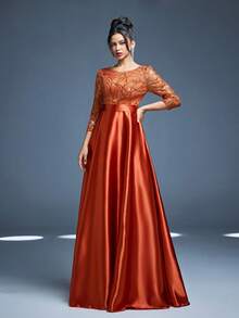 Mgiacy New Arrival Round Neck Elegant Bridesmaid Dress Embroidery Sequin Three-Quarter Sleeve Long Dress