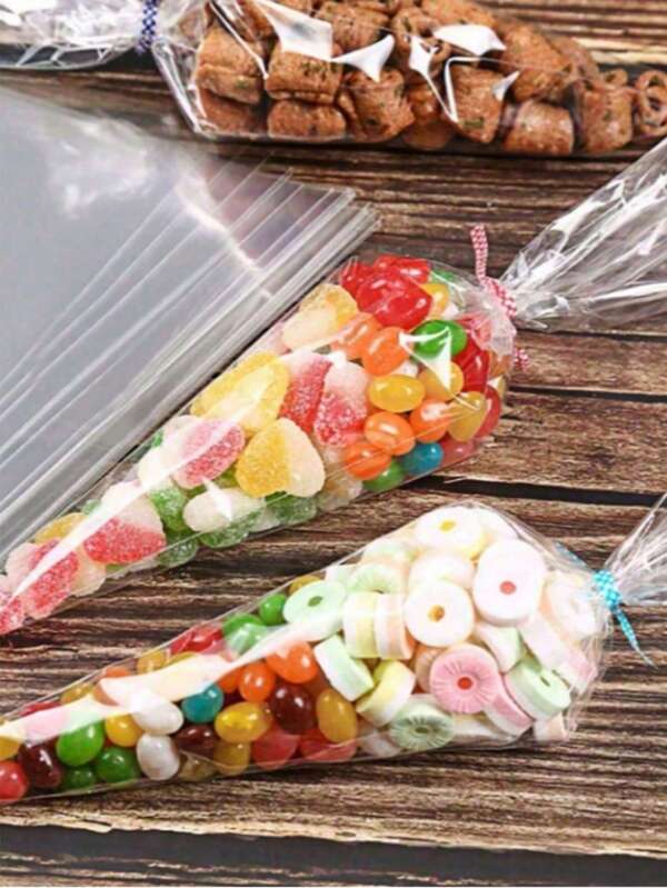 100pcs Clear Cellophane Candy Bags With White Ribbon - Foldable & Fade Resistant, Perfect For Wedding & Birthday Party Gifts, Cone Storage Packaging, Candy Bar Suppliesschool Supplies,Back To School