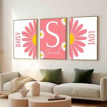 3pcs/Set Personalized Name Wall Art Posters - Customized Pink Daisy Nursery Decor Set For Girls | Custom Name Floral Wall Art For Living Room, Bedroom, Kitchen Decor - Unique Gift Idea Unframed Indoor Art Prints Gifts Birthday Graduation