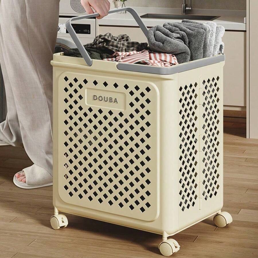 Collapsible Laundry Basket With Wheel Foldable Portable Hamper For Dirty Clothes - Beige - View 1