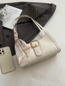 1pc Crocodile Embossed Strap Decor Minimalist Fashion One Shoulder Baguette Bag With Scarf - Beige - View 8