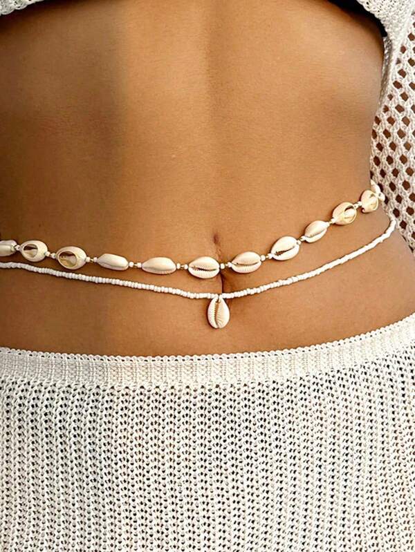 2pcs Shell & Pearl Beaded Waist Chain, Suitable For Women As Resort Accessory, Date, Gift