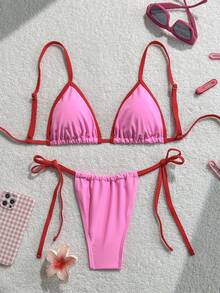 Women's Pink Embellished Trim Two-Tone Fabric Fashion Elegant Adjustable Halter Bikini Top And Adjustable Triangle Bottoms, Cute For Spas, Beach, Vacation Swimming Bikini Set