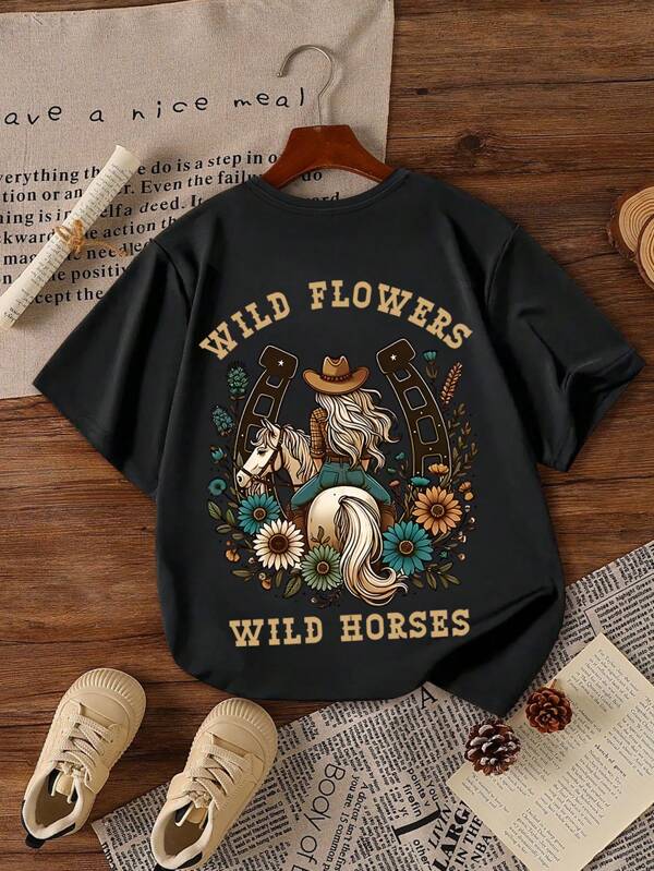 Tween Girl's Cartoon Girl And Horses Print Round Neck Short Sleeve Tee Spring And Summer Casual T Shirt For Kids