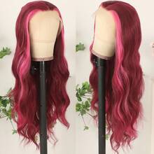13X4 Free Part Ombre Pink Body Wave Synthetic Lace Front Wigs For Women 28 Inch Long Wavy Hair Wigs Glueless Soft Pink Ombre Colored Wigs Heat Resistant Christmas Wig Natural Long Wave Lace Front Wigs For Daily Party Cosplay Use - 挑染粉色 - 查看 4
