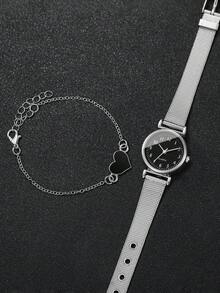 4pcs/Set Jam Tangan Quartz Wanita dengan Tali Kotak-kotak, Desain Klasik, Fashion Minimalis + Gelang Liontin Hati, Kasual (Jam Tangan Tidak Termasuk) - Perak - View 8