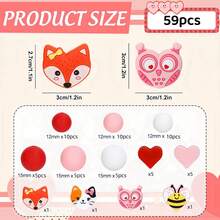 59/103 piezas Cuentas de silicona con forma de animales, rojo y rosa, redondas y en forma de corazón, goma de animales, con cordón elástico, adecuado para manualidades DIY, llaveros, joyería - Multicolor - Ver 9