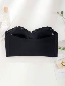 Women Strapless Non-Slip Bra Wireless, Front Closure Seamless Ruffle Hem Bustier - Black - View 3