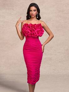 Elisanya Fuchsia Strapless Ruched Bodycon Midi Dress - Hot Pink - View 6