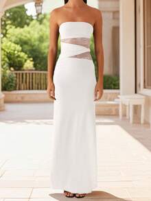 Women's Summer Long Tube Dress Sheer Lace Patchwork Sleeveless Strapless Backless Bodycon Ankle Length Dress - 白色 - 查看 1