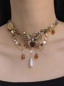 1 件复古做旧金色蝴蝶和花朵锆石颈链，适合女士派对珠宝和日常佩戴 - 彩色 - 查看 4