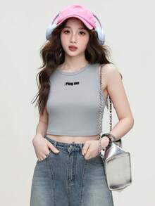 女士棉质无袖短款背心，修身美式风格，百搭夏装 - 23CH1114淺藍色 - 查看 3