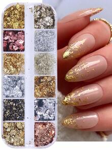 12 格金属箔指甲装饰镜面金银玫瑰金不对称薄片设计 DIY Y2K 全息时尚沙龙美甲配件 适合女性和女孩的美甲用品