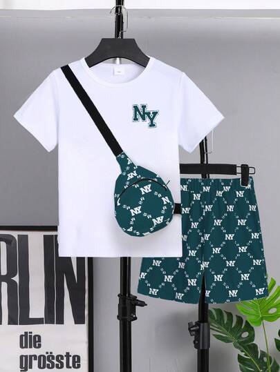 3pcs/Set Boys Letter Print Casual Short Sleeve T-Shirt + Adjustable Waist Allover Print Shorts Set, Summer