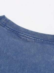 Trendsetter Alphabet Street Style 230g Heavy Wash Batik Double-Sided Printing Short-Sleeved T-Shirt, Men's Crisp Short-Sleeved T-Shirt, Outdoor Sweatshirt, Vintage Wash, 100% Cotton, Everyday Wear - 寶藍色 - 查看 2