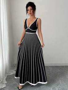 Vestido largo de corte evasé de escote profundo en V sin mangas, ajustado, con estampado de contraste en blanco y negro, para uso casual, oficina diaria, graduación y fiestas, nueva ropa de mujer para primavera y verano - Blanco y Negro - Ver 2