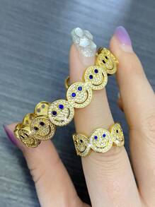 2pcs Set Luxury Elegant Smiling Face Bangle And Ring Set, Fashion Minimalist Copper Alloy Cubic Zirconia Jewelry Set, Valentine's Jewelry Gift
