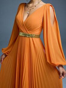 Mgiacy,New Arrival,Cross-Over Collar,Shining,Bridesmaid Dress,Solar Pleat,Hollow Out Lantern Sleeve,Chiffon,A-Line Dress - Burnt Orange - View 6