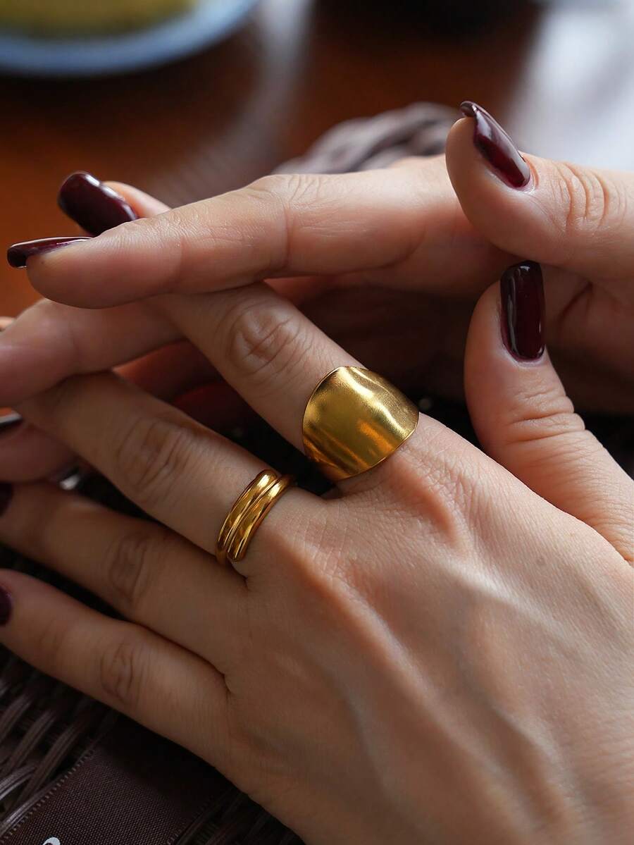 2pcs Minimalist & Asymmetrical Open-Ended Wide Band Rings - Gold 5 - View 1