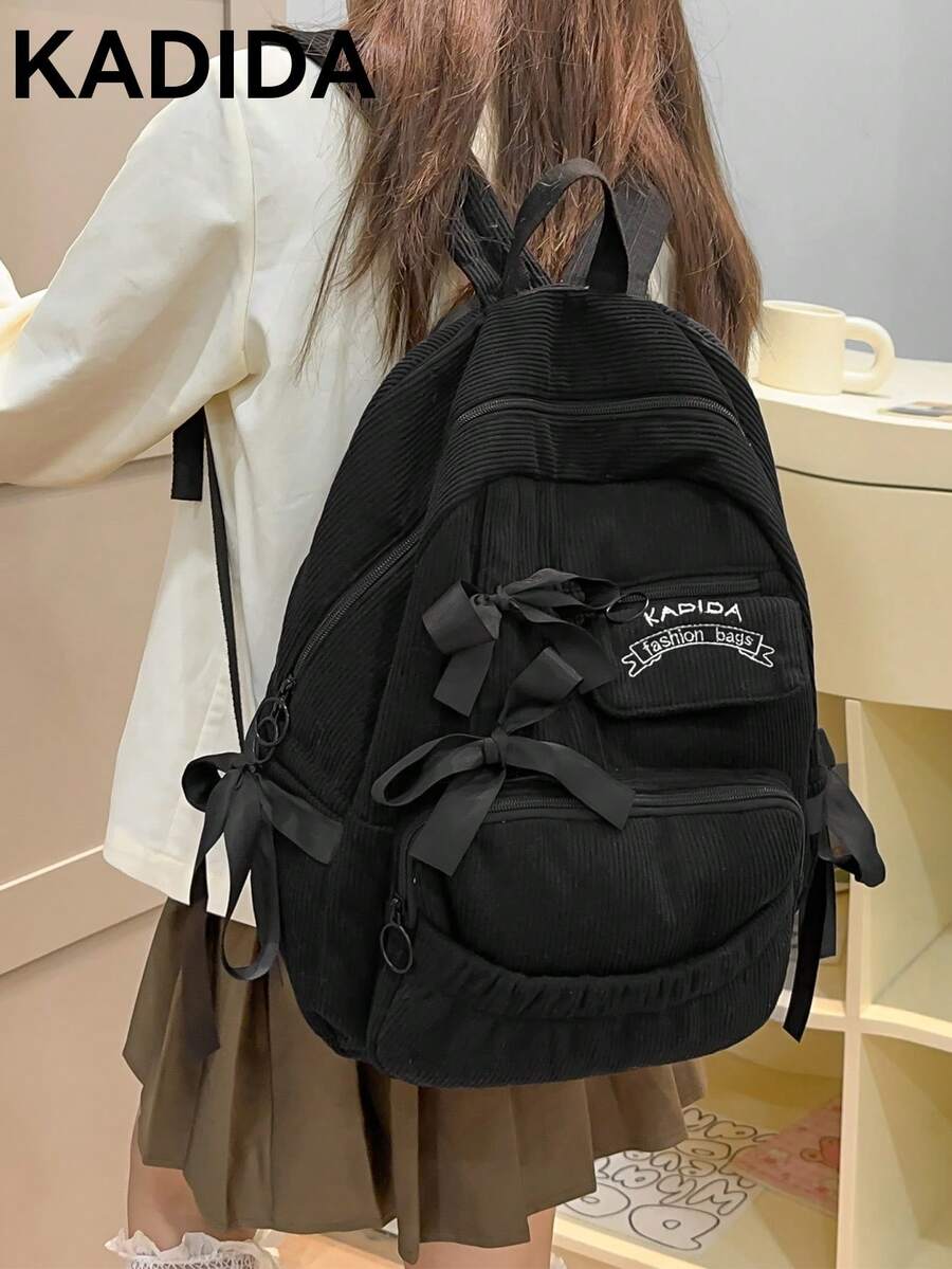 1 Pieza Mochila de gran capacidad, decoración de lazo minimalista y de moda, bolsa de viaje de material de pana, mochila con lazo lindo, esencial para volver a la escuela - Negro - Ver 1