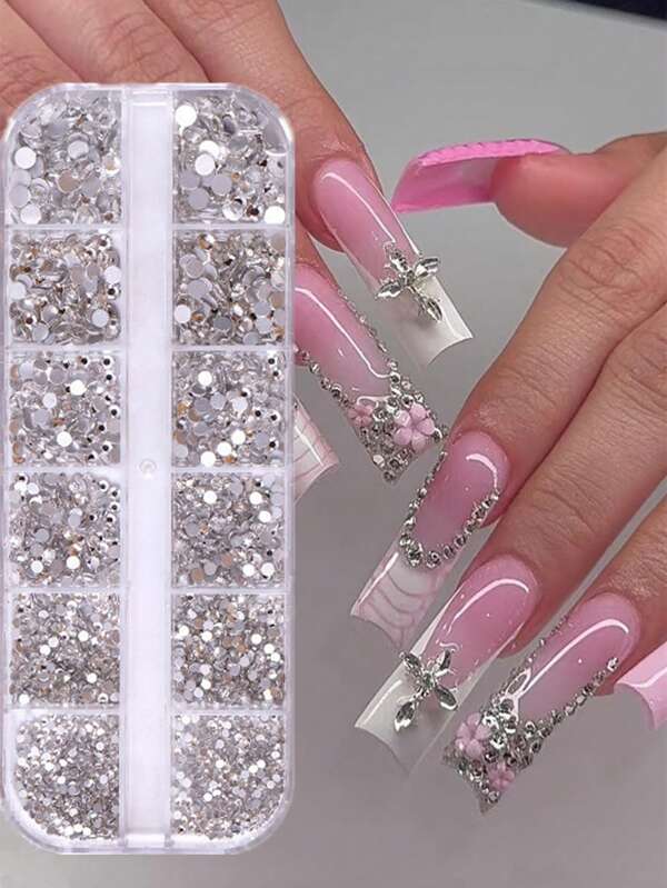 12 Grids AB + Clear Nail Rhinestones 1.8mm-4mm 3D Nail Art Glass Decorations Nail Charm Flatback Diamond Crystal Rhinestone Gem Salon Nail Design Supplies