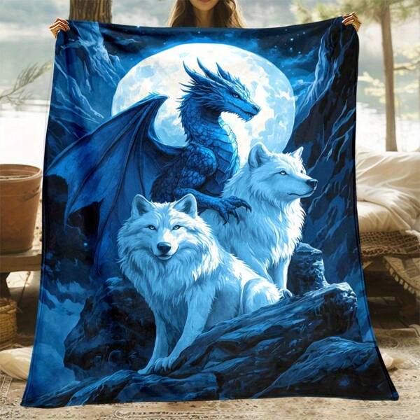 Digital Wolf Print Decorative Blanket - Soft Polyester Flannel Blanket With Dragon & Wolf Design, Lightweight & Comfortable, Suitable For Sofa, Bed, Travel, Office And As An Ideal Gift For Family And Friends