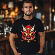 Unisex Cotton Tee Set – Japanese Myth - Style With Dragon Head, Katana And Flower Patterns – Great For Those Loving Japanese Myth Elements - Black - View 1