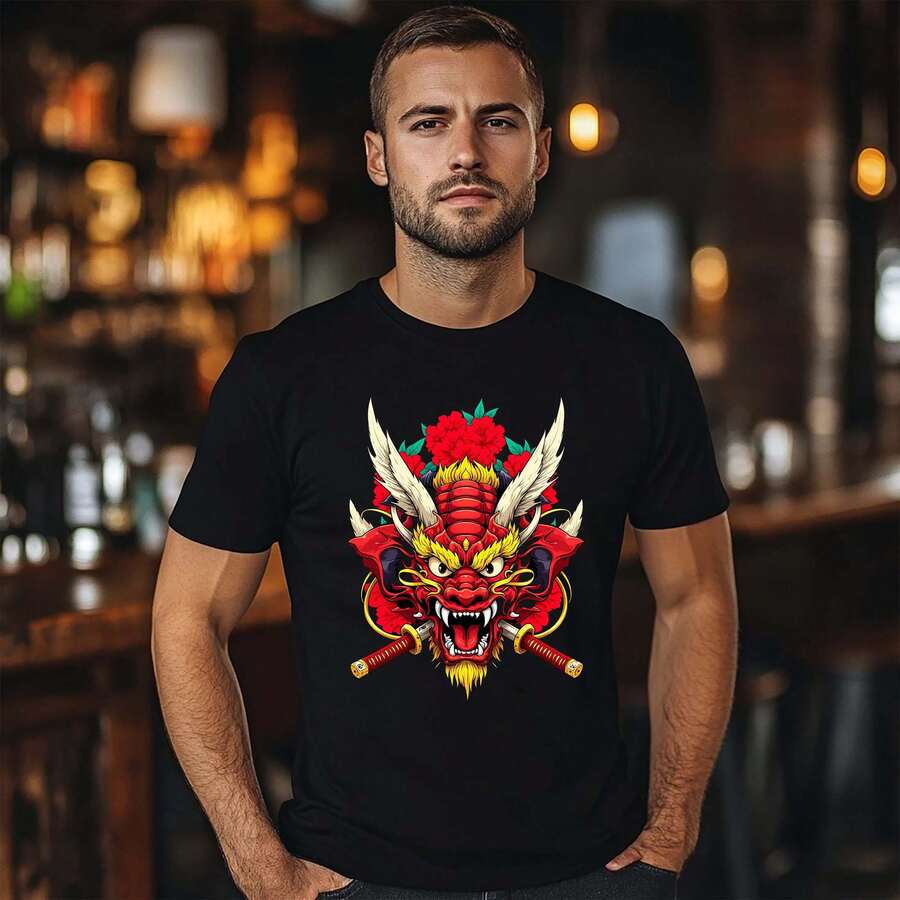 Unisex Cotton Tee Set – Japanese Myth - Style With Dragon Head, Katana And Flower Patterns – Great For Those Loving Japanese Myth Elements - Black - View 1