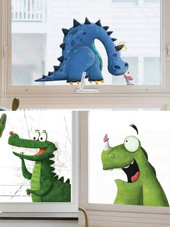 Cartoon Dinosaur Vinyl Windows Clings, Creative Design Windows Stickers, Suitable For Windows, Cars, Trucks, Motorcycles, Glass, Walls, Selfadhesive And Durable, Easy Peel And Stick, Removable