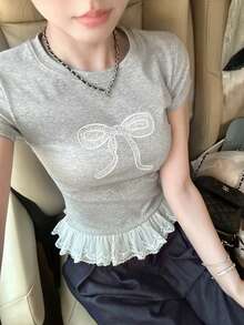蝴蝶结刺绣蕾丝短袖T恤，宽松设计小众夏季上衣 - 灰色 - 查看 5
