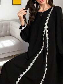 Elegant Lace Trim Solid Color Robe, Women's Loose Long Dress - Black - View 4