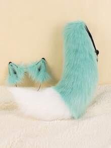 多色拼布狐狸服装套装，可爱动物角色扮演道具包括猫耳头带、狐狸尾巴万圣节 - 彩色 - 查看 4