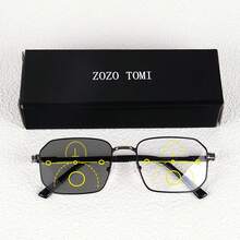 渐进多焦点老花镜，光致变色，时尚金属矩形镜框，金属弹簧铰链，男女通用