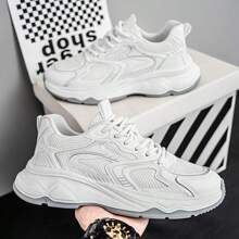 Men's 2025 New Arrival White Chunky Sneakers, Breathable Mesh Upper Low-Top Lace-Up Casual Sporty Shoes, Soft Sole Non-Slip Outdoor Running Shoes, Suitable For Workout, Commuting