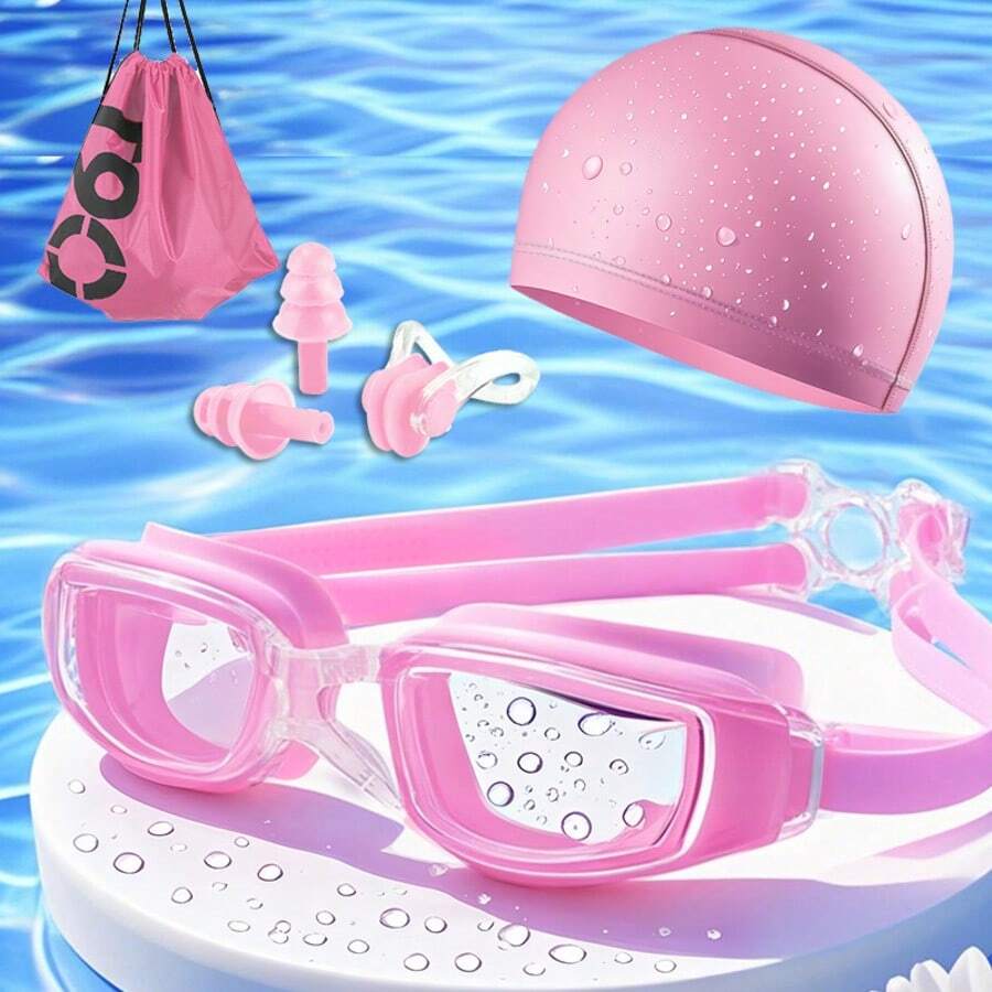 1 套透明设计游泳镜，沙滩泳池游泳眼镜，带鼻夹、耳塞、泳帽和沙滩包 - 黑色 - 查看 1