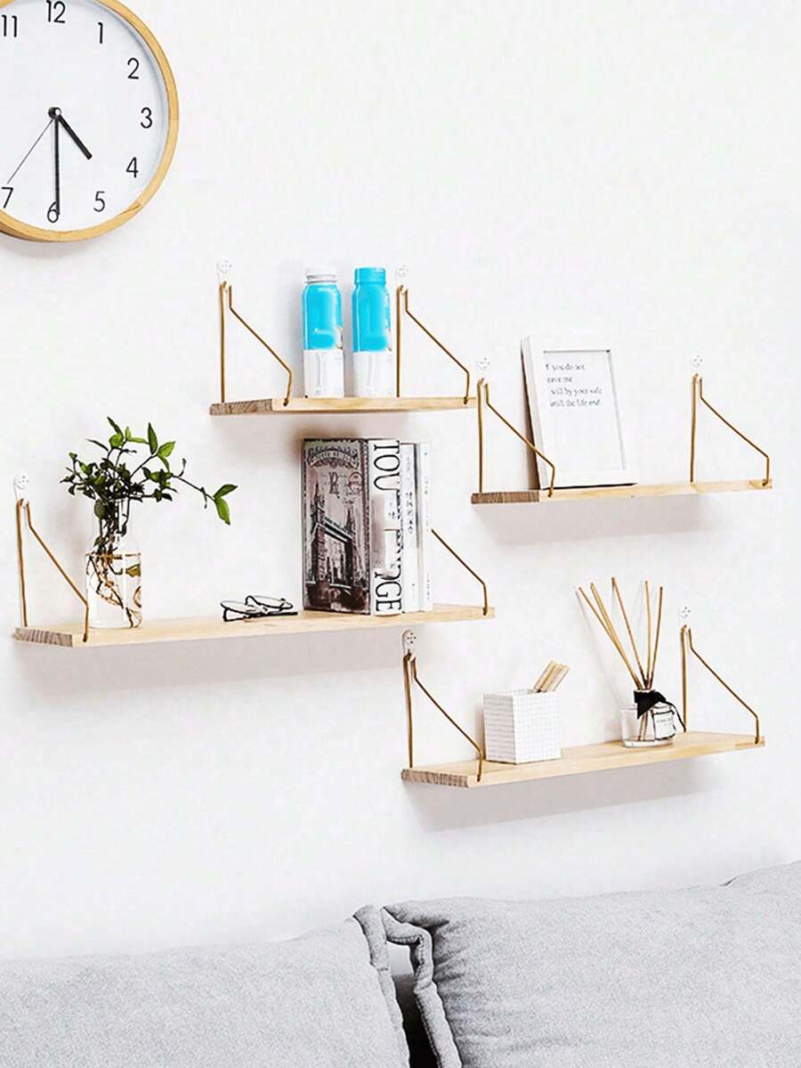 1pc Wooden & Metal Wall Mounted Rack, No Drilling Required - Beige - View 1