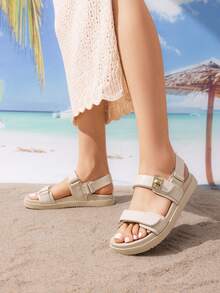 Women Flat Sandals Hook-And-Loop Fashion Summer Comfortable Outdoor Casual Sports Beach Sandals - 杏色 - 查看 3