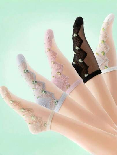5 Pairs Women's Thin Transparent Glass Fiber Mixed Color Breathable Comfortable Floral Pattern Socks, Versatile For Home, Daily Wear, Fashion Short Ankle Socks, Spring/Summer
