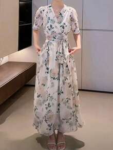 Vestidos Largos Elegantes Dama De Manga Corta de Floral De Cruzado Con Cuello En V,  Vestidos De Fiesta Largos Dama De Moda De Versátil Estampado Romántico,  Vestido Largo Dama De Gasa De Manga Corta Con Aberturas De Vacaciones De Ocio - Blanco - Ver 2