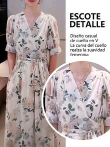 Vestidos Largos Elegantes Dama De Manga Corta de Floral De Cruzado Con Cuello En V,  Vestidos De Fiesta Largos Dama De Moda De Versátil Estampado Romántico,  Vestido Largo Dama De Gasa De Manga Corta Con Aberturas De Vacaciones De Ocio - Blanco - Ver 9