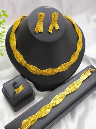 4pcs Women's Gold-Plated Rope Jewelry Set: Necklace, Earrings, Ring, Bracelet, Suitable For Saudi Arabia, Middle East, Dubai, Europe, Africa, Bride, Wedding, Banquet, Date, Dress, Mother's Day, Graduation, Holiday Gift