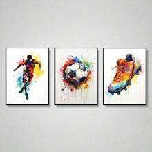3pcs Colourful Football Wall Art Picture Soccer Canvas Prints Paintings Football Posters Sport Decorative Canvas Painting House Room Wall Decor Optional Frame ,Wall Art With Frame