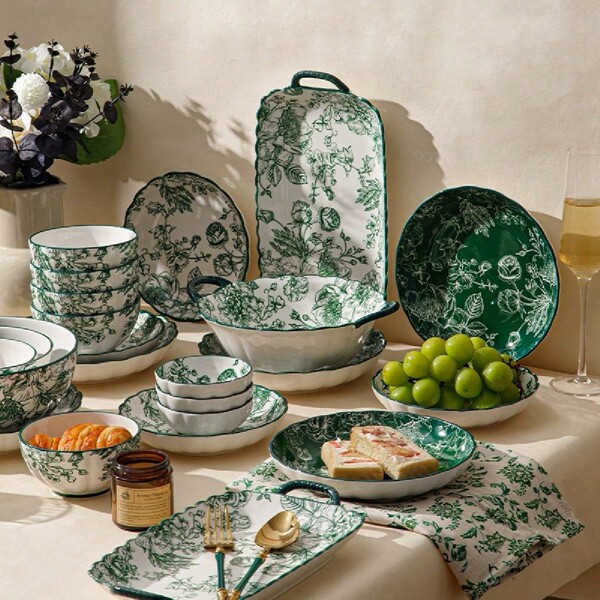 2/4/8/18 Stück Vintage grüne Rose Keramikschale, handbemalte glasierte Schale, perfektes Blumenmuster und komplexes geometrisches Design, Dip-/Essens-/Dessert-/Pasta-/Sushi-/Steak-/Suppenschüssel, Restaurant, Hotel, Küche, Zuhause, Küchenausstattung, das perfekte Geschenk für Feiertage für Familie und Freunde, Schulmaterial